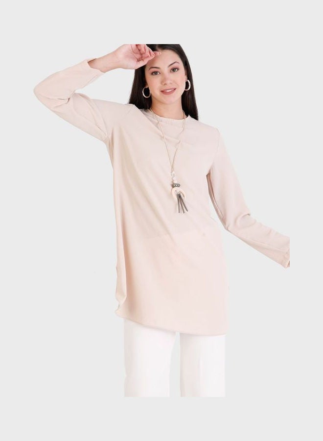 Refka by modanisa Crew Neck Knitted Tunic Beige  - Image 3