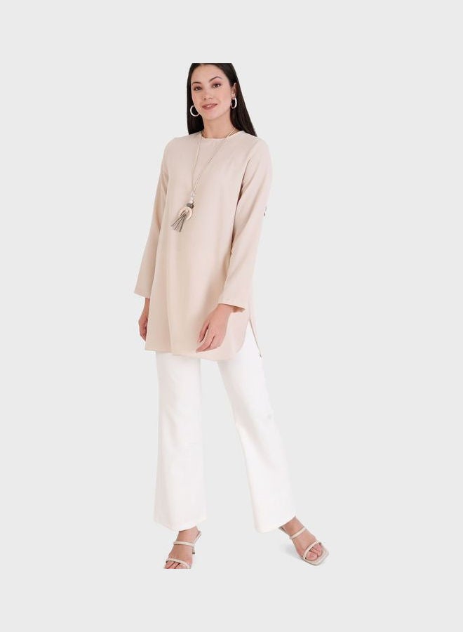 Refka by modanisa Crew Neck Knitted Tunic Beige  - Image 4