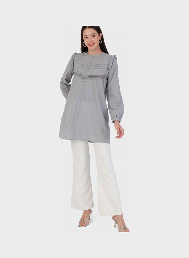 Refka by modanisa Crew Neck Ruffle Detail Tunic Blue  - Image 1