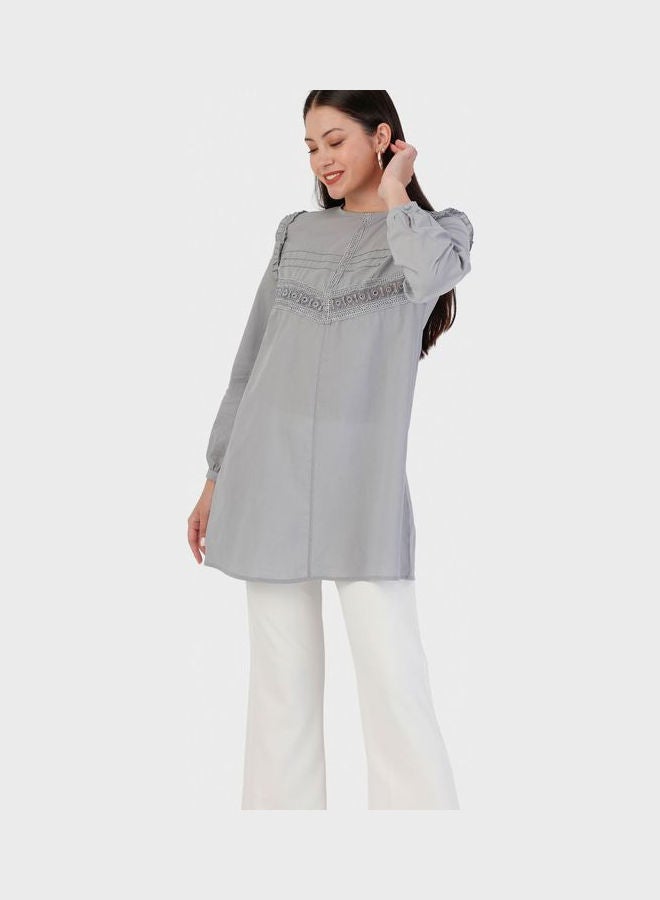 Refka by modanisa Crew Neck Ruffle Detail Tunic Blue  - Image 3