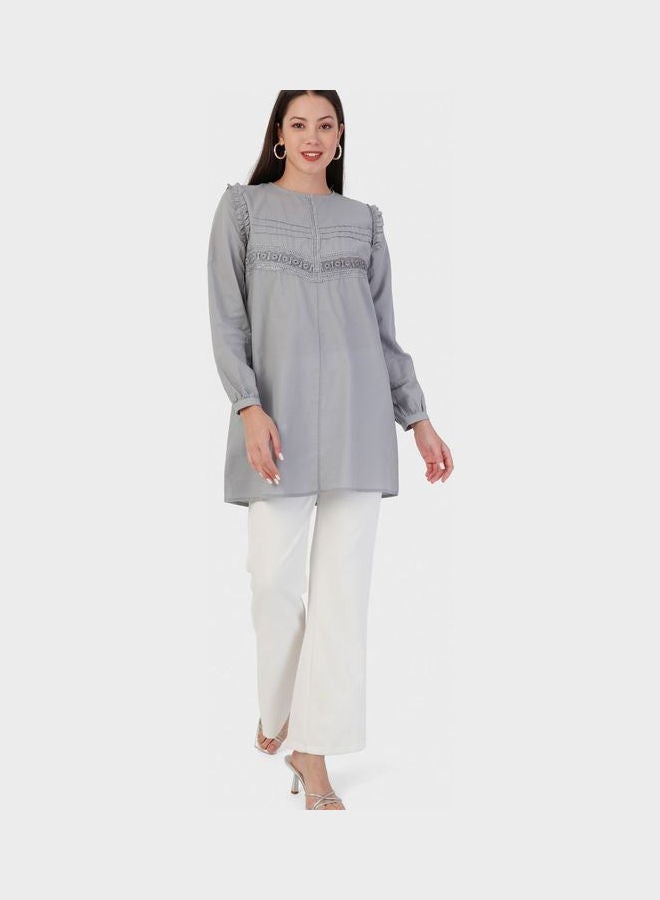 Refka by modanisa Crew Neck Ruffle Detail Tunic Blue  - Image 4