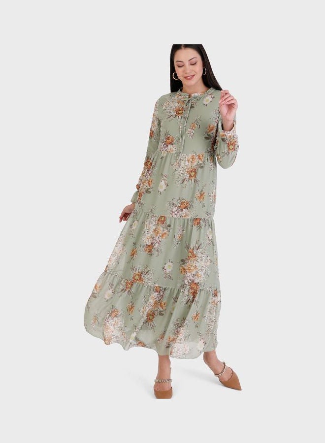 Refka by modanisa Ruffle Detail Floral Print Dress Green  - Image 1