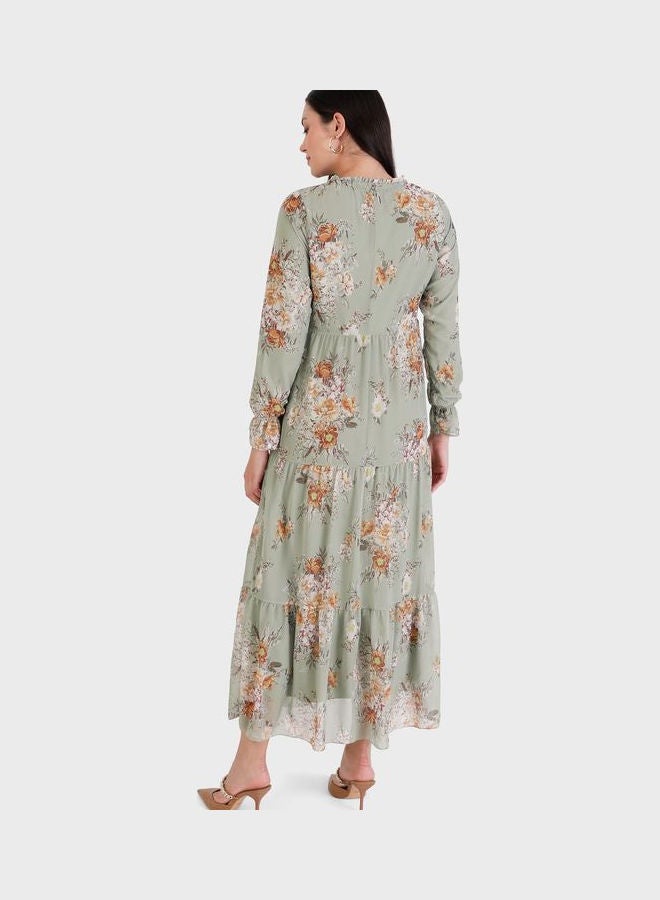 Refka by modanisa Ruffle Detail Floral Print Dress Green  - Image 2