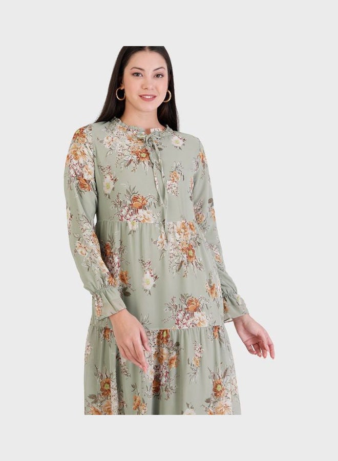 Refka by modanisa Ruffle Detail Floral Print Dress Green  - Image 3