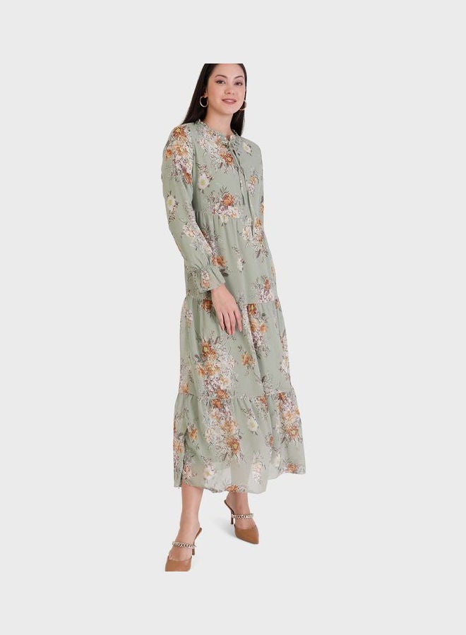 Refka by modanisa Ruffle Detail Floral Print Dress Green  - Image 4