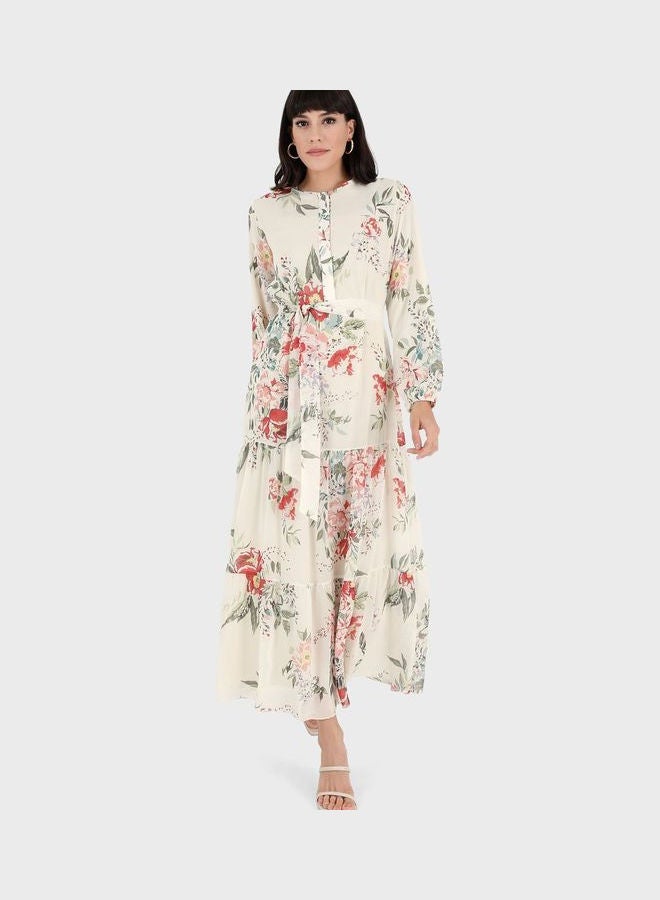 Refka by modanisa - Belted Balloon Sleeve Floral Print Dress Pink - Image 1