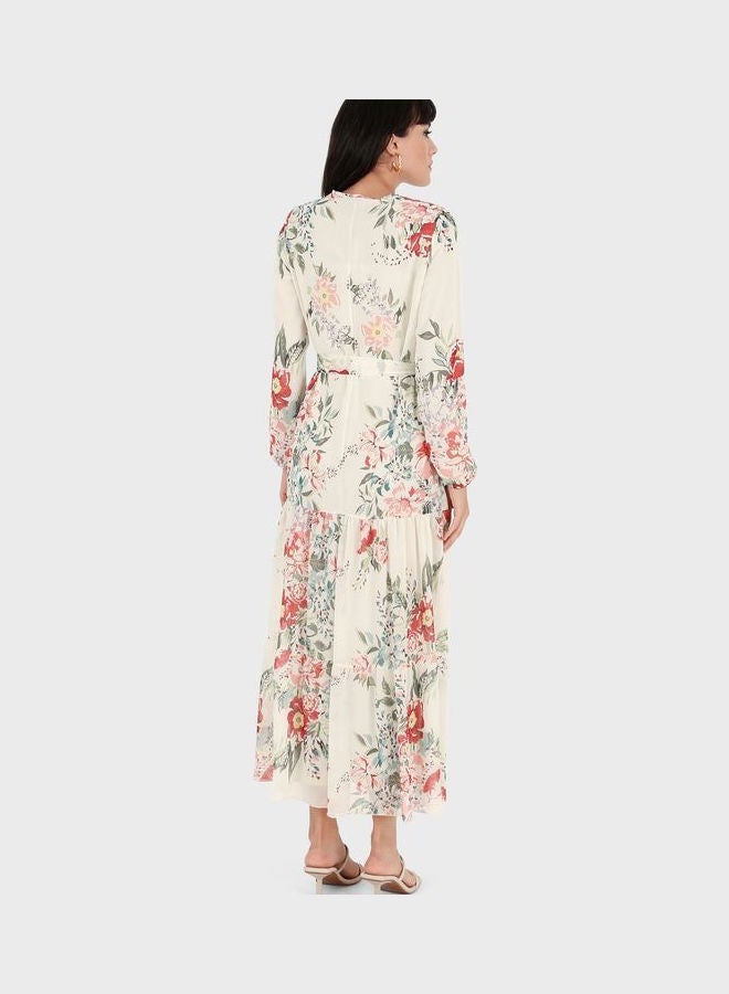 Refka by modanisa - Belted Balloon Sleeve Floral Print Dress Pink - Image 1