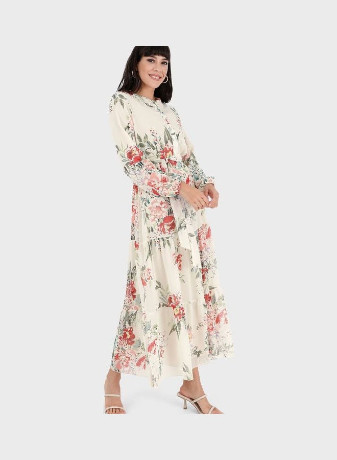 Refka by modanisa - Belted Balloon Sleeve Floral Print Dress Pink - Image 1