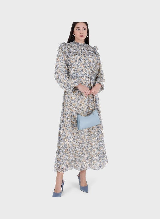 Refka by modanisa Balloon Sleeve Printed Ruffle Detail Dress Blue  - Image 1