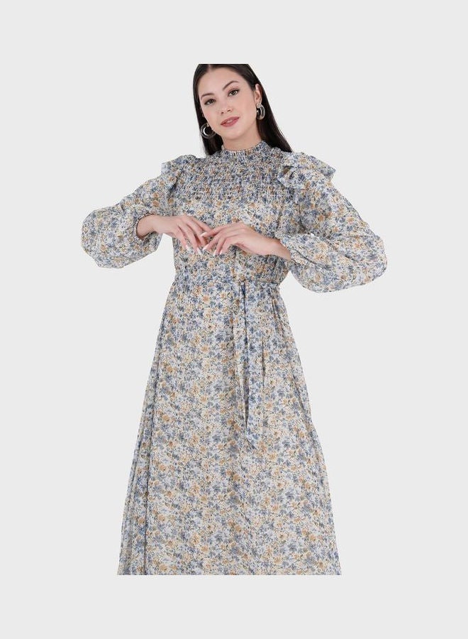 Refka by modanisa Balloon Sleeve Printed Ruffle Detail Dress Blue  - Image 3
