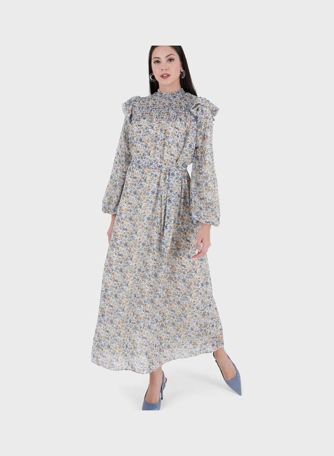 Refka by modanisa Balloon Sleeve Printed Ruffle Detail Dress Blue  - Image 4