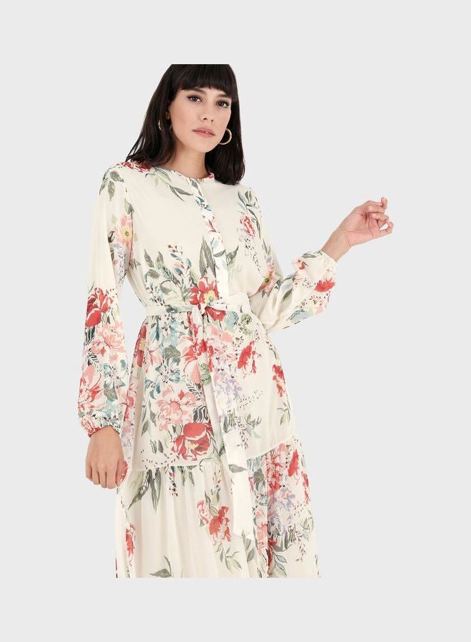 Refka by modanisa - Belted Balloon Sleeve Floral Print Dress Pink - Image 1