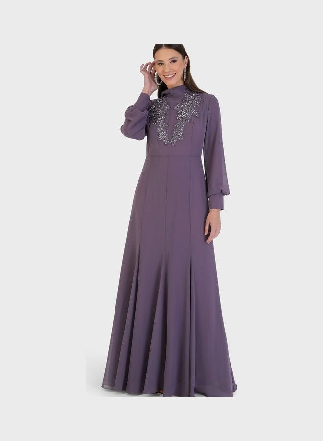 Refka by modanisa - Crew Neck Embroidered Dress Purple - Image 1