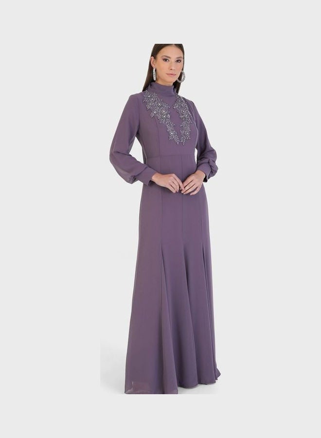 Refka by modanisa - Crew Neck Embroidered Dress Purple - Image 1