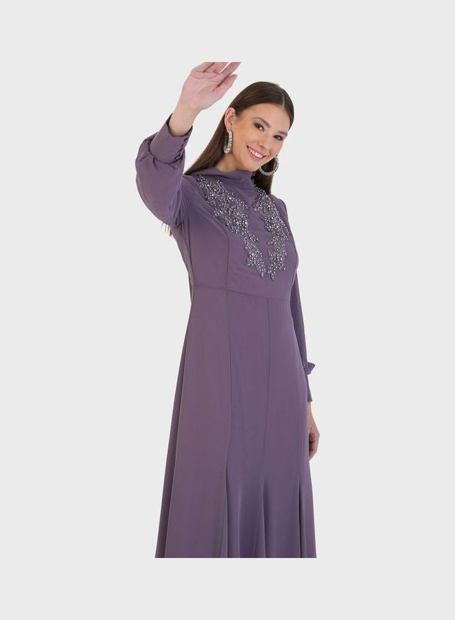 Refka by modanisa - Crew Neck Embroidered Dress Purple - Image 1
