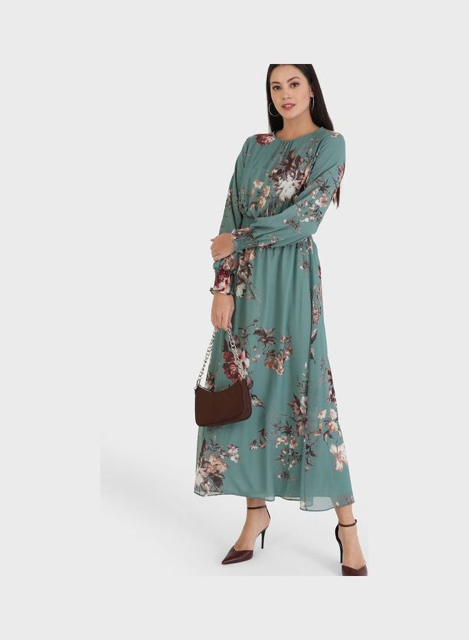 Refka by modanisa Crew Neck Balloon Sleeve Printed Dress Green  - Image 1