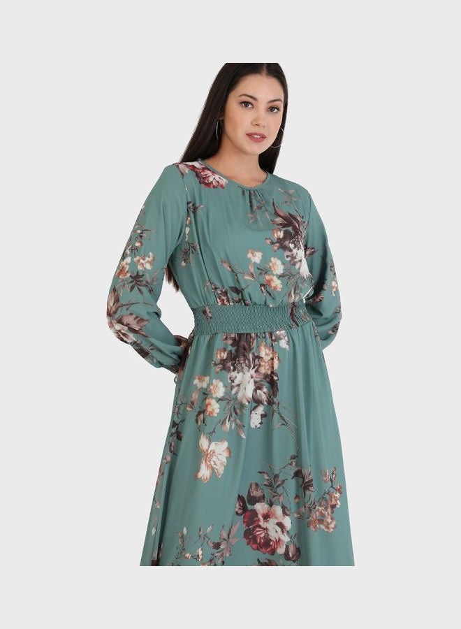 Refka by modanisa Crew Neck Balloon Sleeve Printed Dress Green  - Image 3
