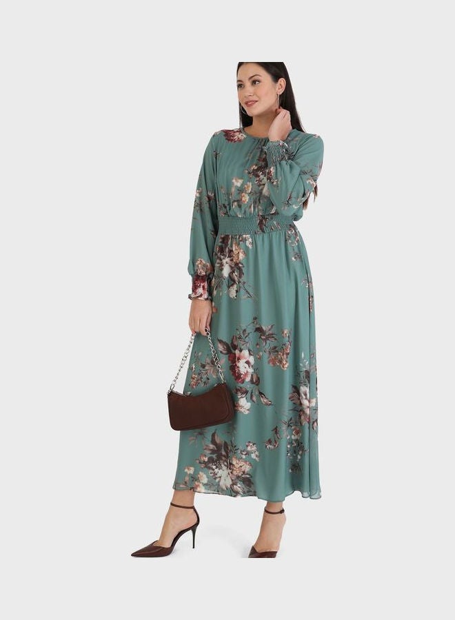 Refka by modanisa Crew Neck Balloon Sleeve Printed Dress Green  - Image 4