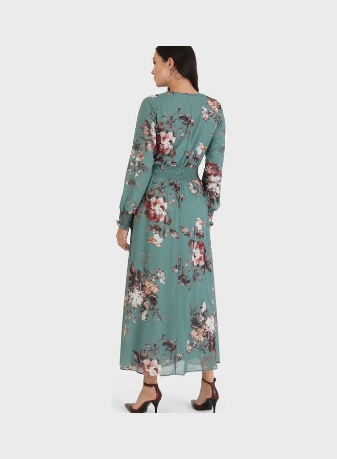 Refka by modanisa Crew Neck Balloon Sleeve Printed Dress Green  - Image 2