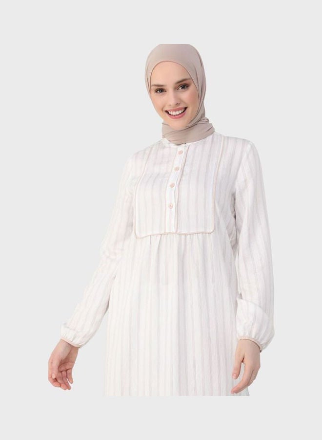 Refka by modanisa Striped Button Detail Dress Beige  - Image 4