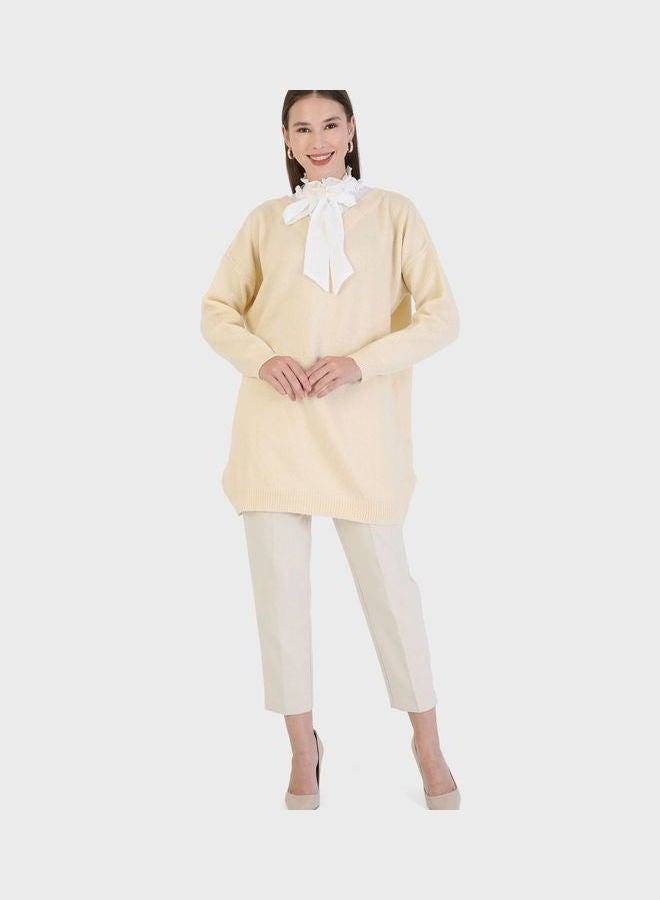 Refka by modanisa Ruffle Neck Knitted Tunic Beige  - Image 1