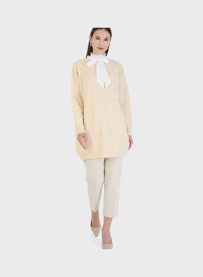 Refka by modanisa Ruffle Neck Knitted Tunic Beige  - Image 4