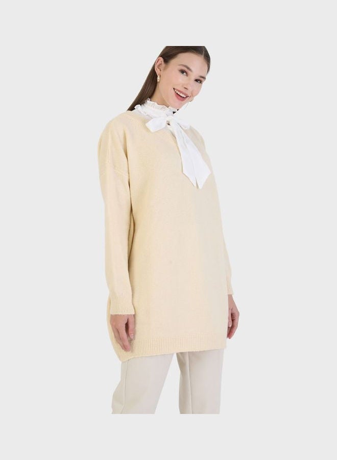 Refka by modanisa Ruffle Neck Knitted Tunic Beige  - Image 3
