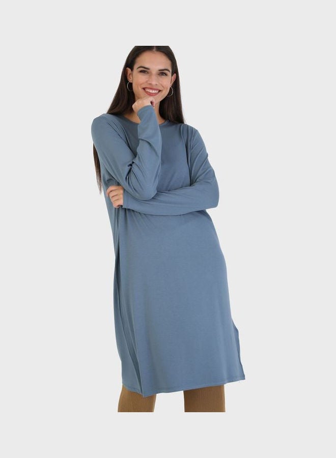 Refka by modanisa Crew Neck Knitted Tunic Blue  - Image 3