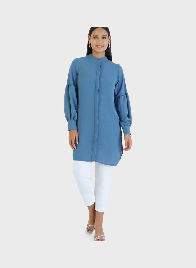 Refka by modanisa - Crew Neck Balloon Sleeve Tunic Blue - Image 1