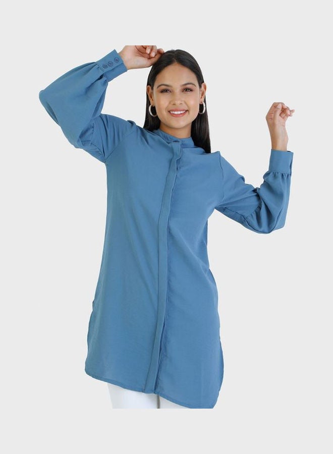 Refka by modanisa - Crew Neck Balloon Sleeve Tunic Blue - Image 1