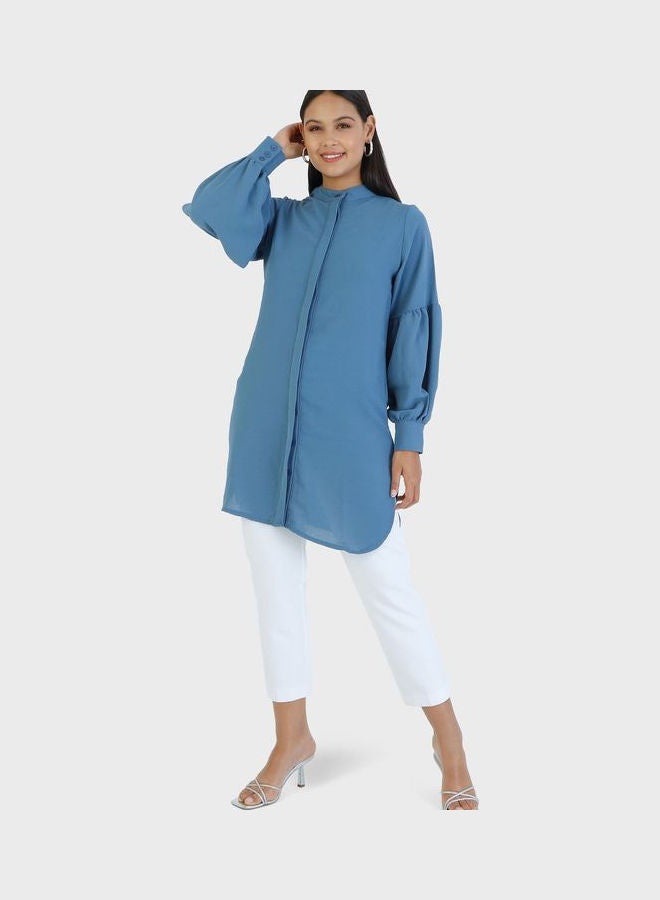 Refka by modanisa - Crew Neck Balloon Sleeve Tunic Blue - Image 1