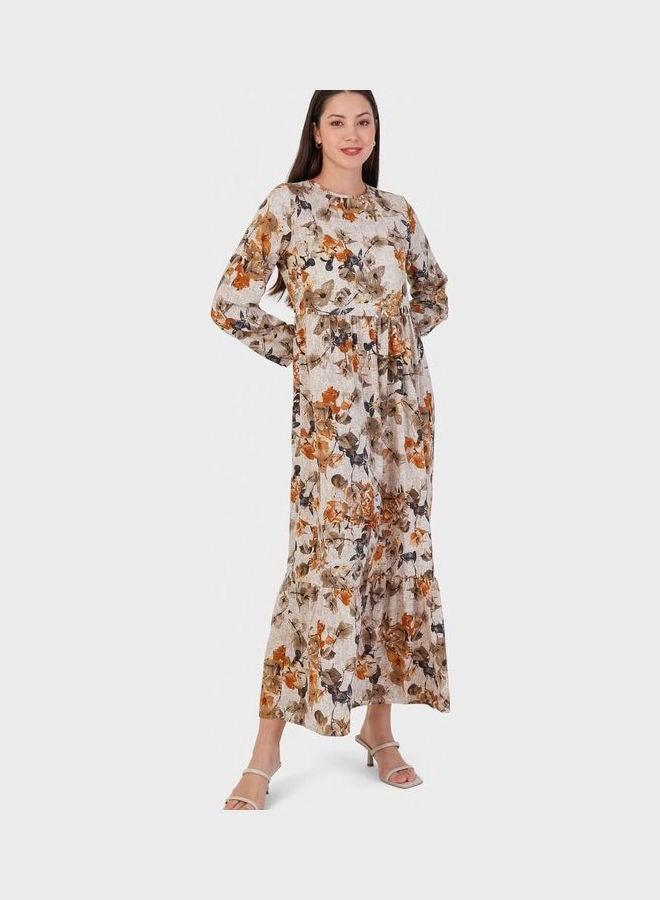 Tavin by Modanisa Balloon Sleeve Floral Print Dress Beige  - Image 1