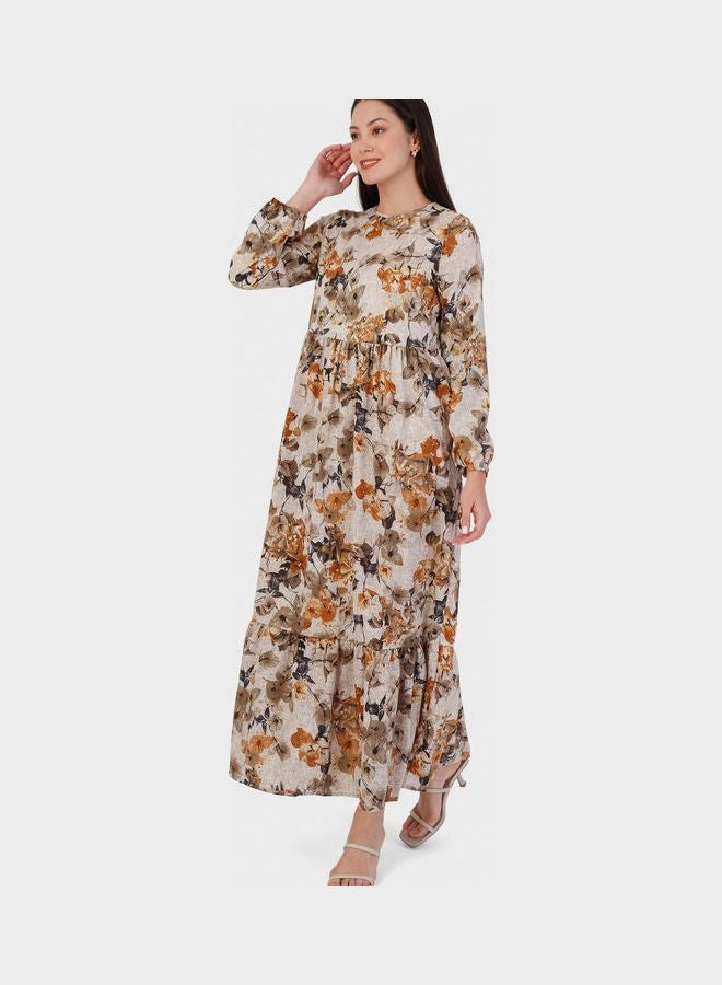 Tavin by Modanisa Balloon Sleeve Floral Print Dress Beige  - Image 4