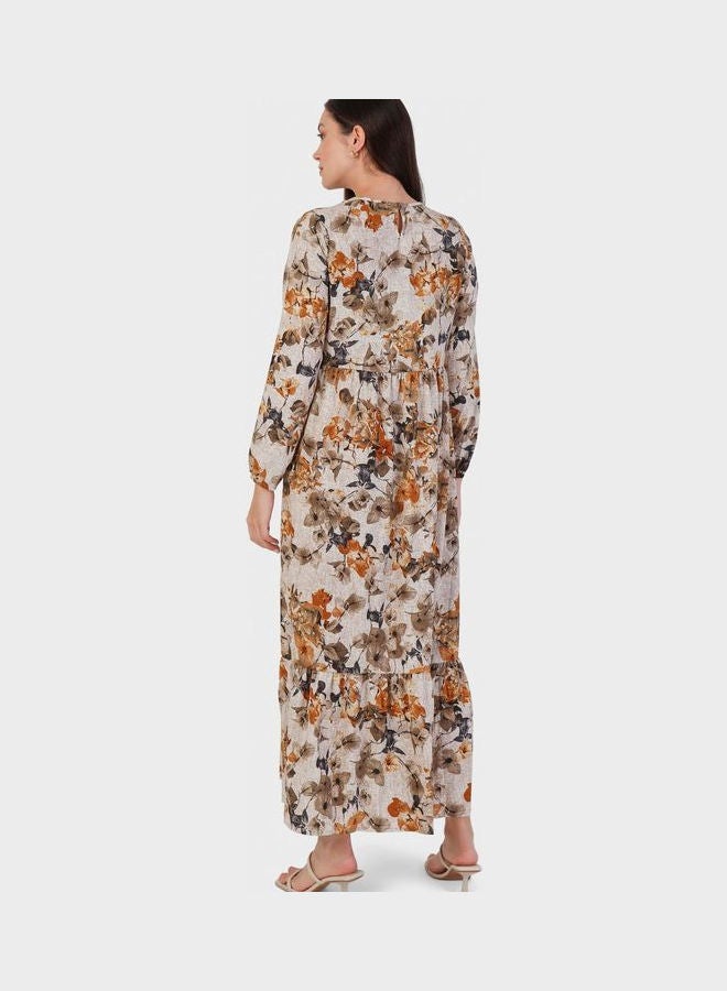 Tavin by Modanisa Balloon Sleeve Floral Print Dress Beige  - Image 2