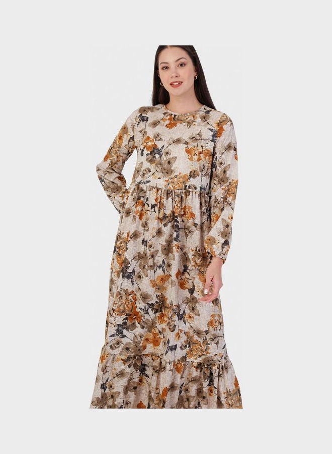 Tavin by Modanisa Balloon Sleeve Floral Print Dress Beige  - Image 3