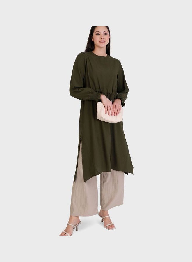 Tavin by Modanisa - Crew Neck Tie Detail Tunic Khaki - Image 1