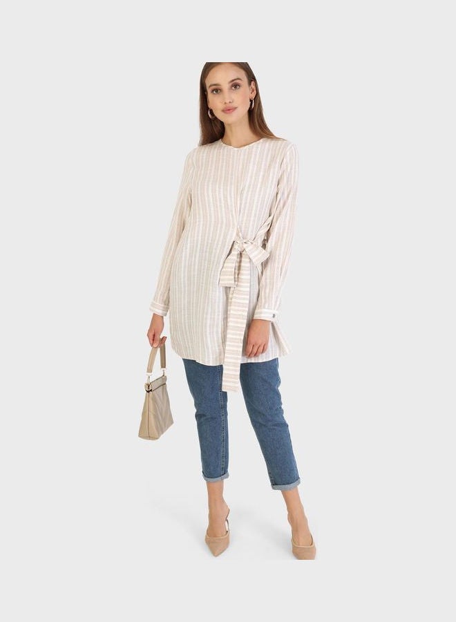 Tavin by Modanisa - Belt Detail  Striped Tunic Beige - Image 1