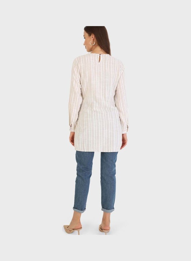 Tavin by Modanisa - Belt Detail  Striped Tunic Beige - Image 1