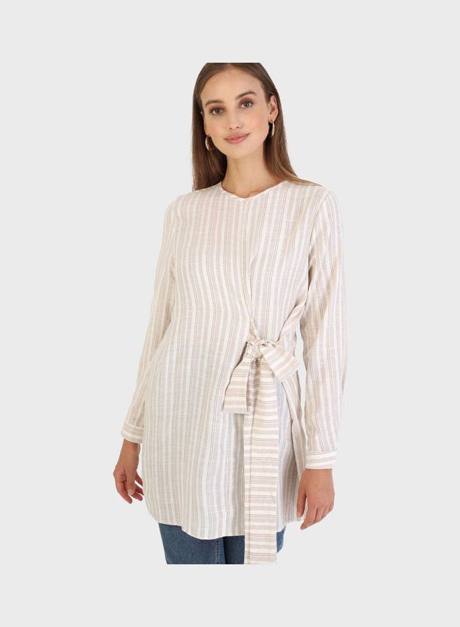 Tavin by Modanisa - Belt Detail  Striped Tunic Beige - Image 1