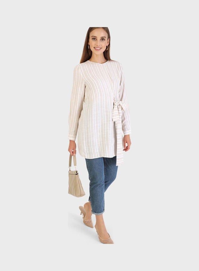 Tavin by Modanisa - Belt Detail  Striped Tunic Beige - Image 1