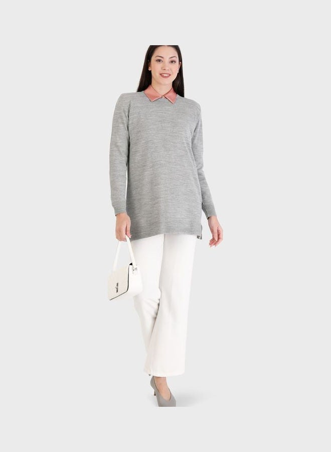 Tavin by Modanisa - Crew Neck Knitted Sweater Grey - Image 1