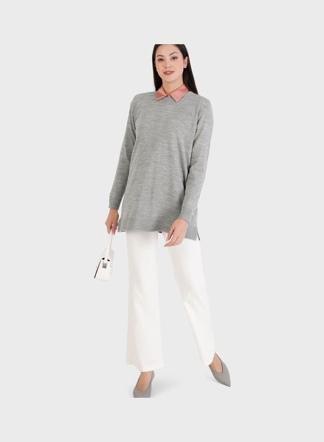 Tavin by Modanisa - Crew Neck Knitted Sweater Grey - Image 1