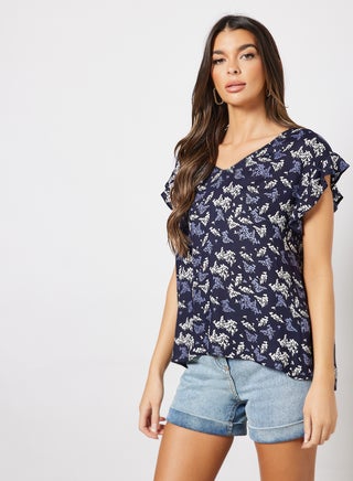 V-Neck Printed Top Blue - v1645610856/N48657435V_1