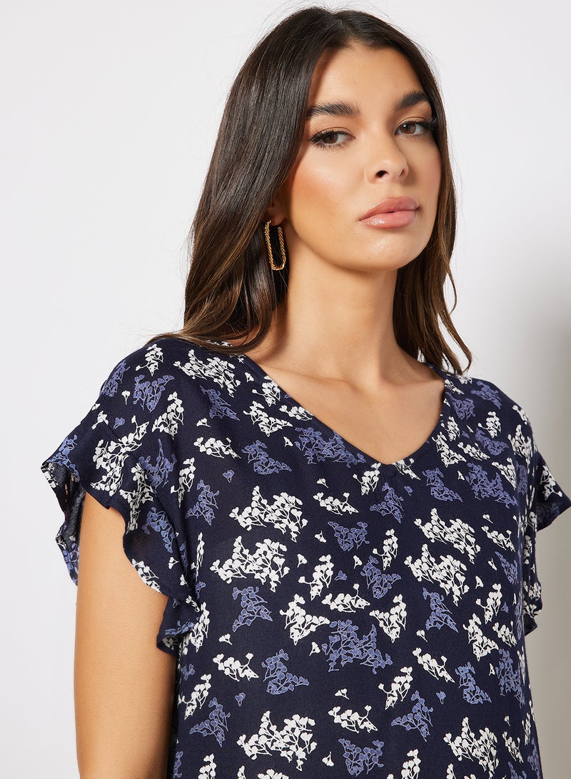 V-Neck Printed Top Blue