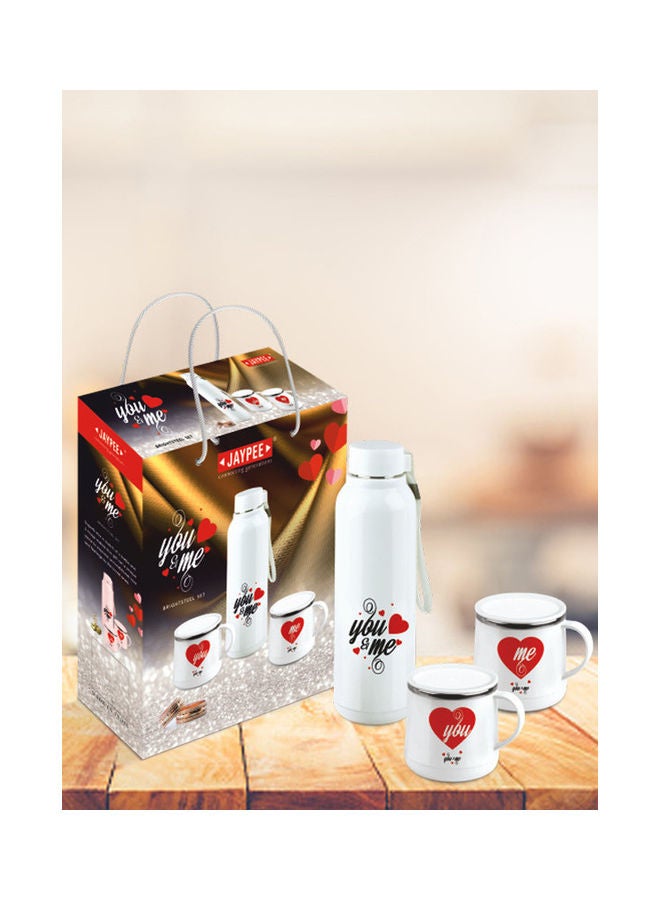 JAYPEE - 3 Piece Bright Steel Hot And Cold Insulated Bottle With Two Cups White/Red 700ml - Image 1