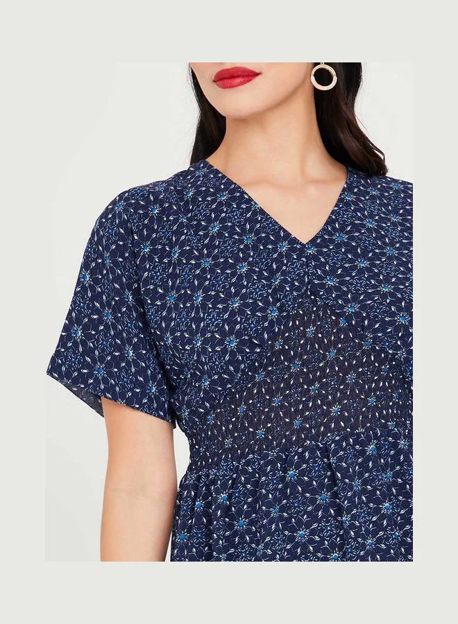 Closet By Styli V-Neck Printed Midi Dress Blue