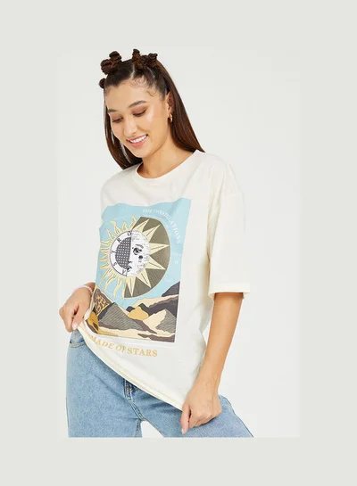 Closet By Styli Women Printed Round Neck T-Shirt Cream