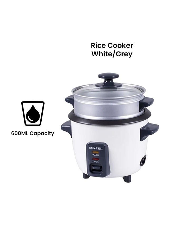 SONASHI - 0.6L Rice Cooker with Steamer - Metal Housing with Tempered Glass Lid | Non-Stick Coating & Automatic Shut Off | Featured with Cool Touch Body and Keep Warm Function 600 ml 350 W SRC-306 White/Grey - Image 1