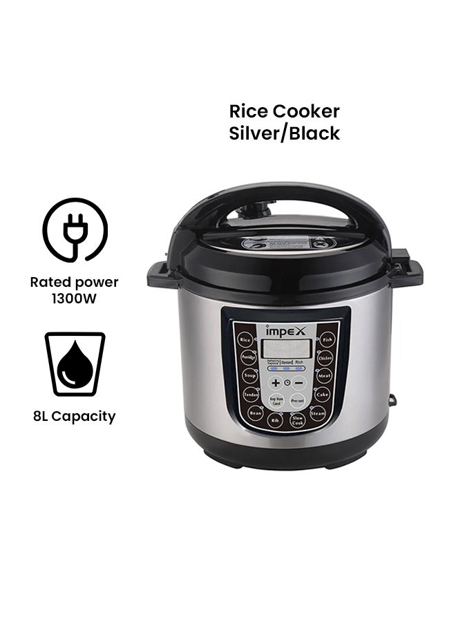 Impex Pressure Cooker Electric 8 Ltr| 14 Automatic Cooking Functions| Stainless Steel Housing| Double Non Stick Coated Aluminum Inner Pot |24-Hour Pre Set Timer| Includes Measuring Cup, Meal Spoon, Steamer 8 L 1300 W EPC 8 Silver/Black  - Image 2