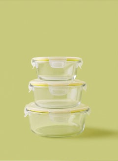 Noon East 3 Piece Borosilicate Glass Food Container Set - Airtight Lids - Lunch Box - Round - Food Storage Box - Storage Boxes - Kitchen Cabinet Organizers - Glass Food Container - Yellow Yellow 3-Piece (Round)  - Image 1